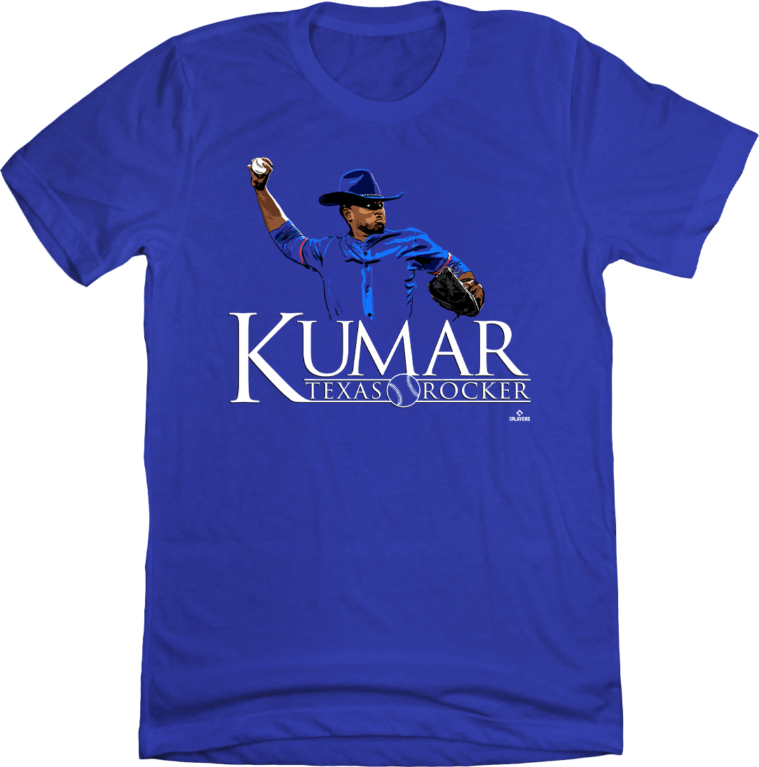 Text: Kumar Rocker Texas-themed baseball T-shirt with a parody of Walker, Texas Ranger logo.