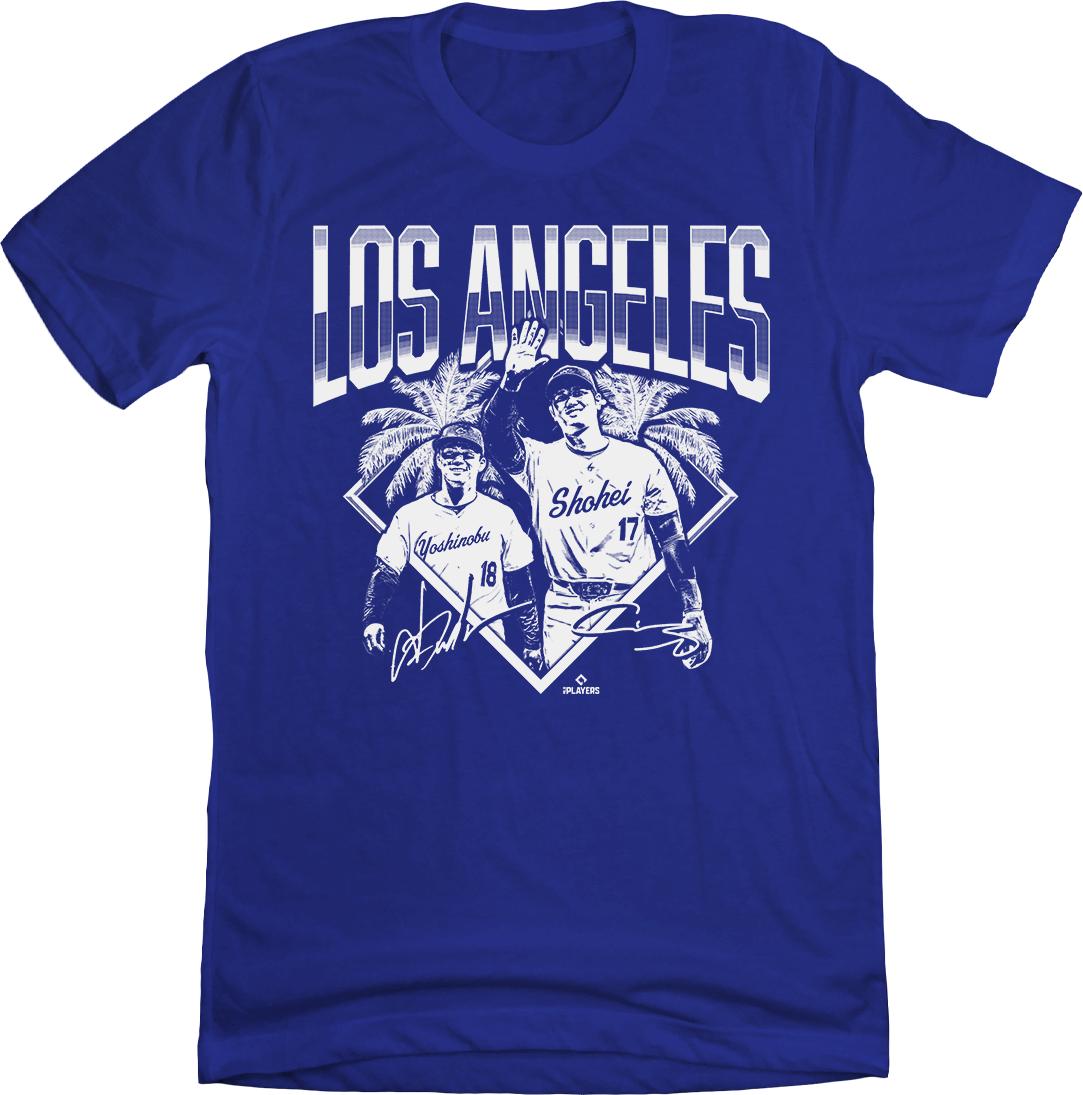 T-shirt featuring Shohei Ohtani and Yoshinobu Yamamoto, celebrating Japanese stars in Los Angeles baseball.